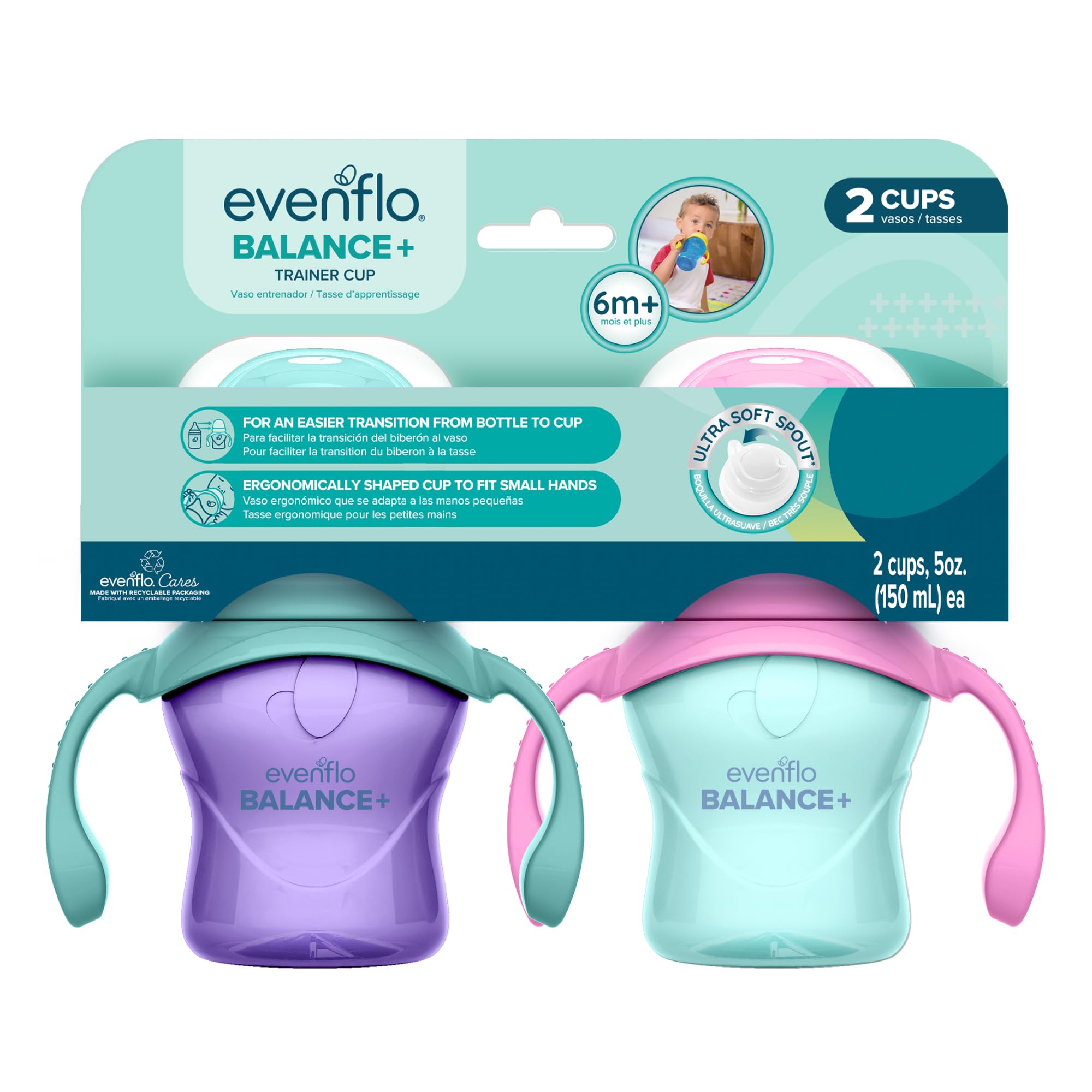 Evenflo Balance+ Trainer Cup with Ultra Soft Spout, Purple & Mint with Pink & Teal Handles, 5oz, 2 Pack, for 6+ Months-image-26
