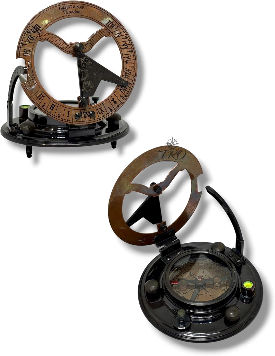 Black Antique Sundial Compass with Embossed Case – Vintage Maritime Navigation Instrument