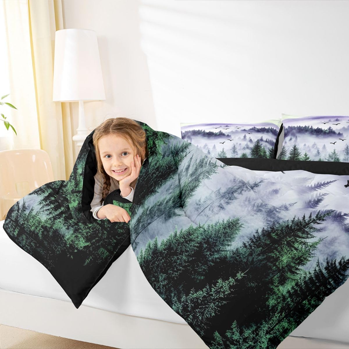 Erosebridal Purple Green Comforter Set King Smoky Mountain Forest Bedding Set Jungle Plants Natural Scenery Comforter for Kids Teen Adults,Misty Style Retro Quilt Duvet