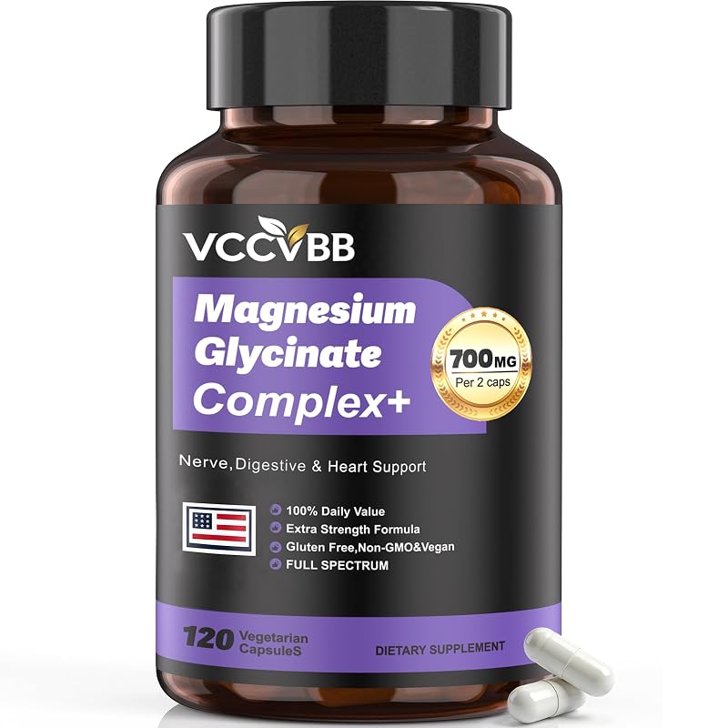 VCCVBB Suplemento de Magnésio, complexo com glicinato de magnésio, 700 mg de magnésio elementar, vegano, 120 cápsulas