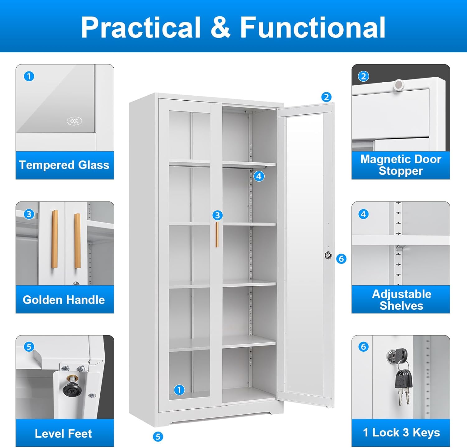 Display Cabinet with Glass Doors, 71'' Tall Curio Cabinets with Lock, Metal Glass Display Case for Collectibles, Living Room, School, Commercial, White, Assemble Required