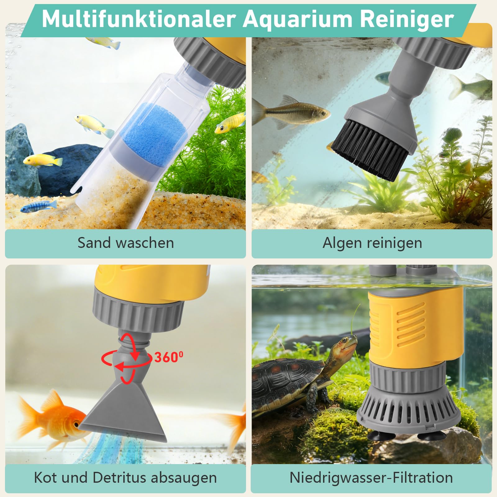 1200LPH Elektrischer Aquarium Kiesreiniger 8-in-1, 20W Multifunktioneller Aquarium Mulmsauger und Wasserwechsler, Starkes Saugkraft, Reiniger für Kies, Sand, Algen und Wasserzirkulation