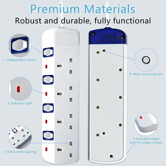 4 Way Extension Lead, Extension Lead 2M with Individual Switches