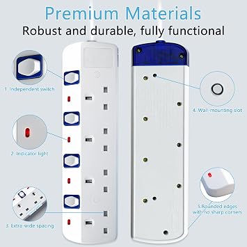 4 Way Extension Lead, Extension Lead 2M with Individual Switches