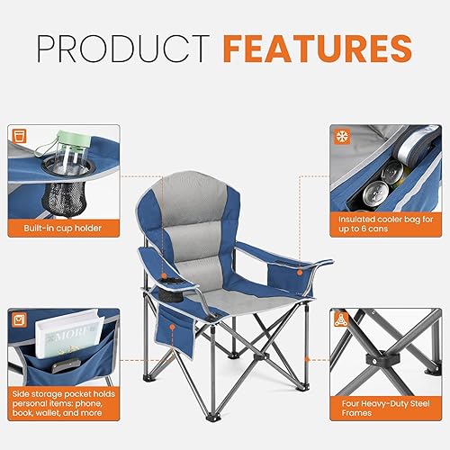 Vista 4 de Sweetcrispy Silla plegable para campamento, soporte resistente, asiento acolchado plegable con bolsillos laterales, portavasos y bolsa térmica