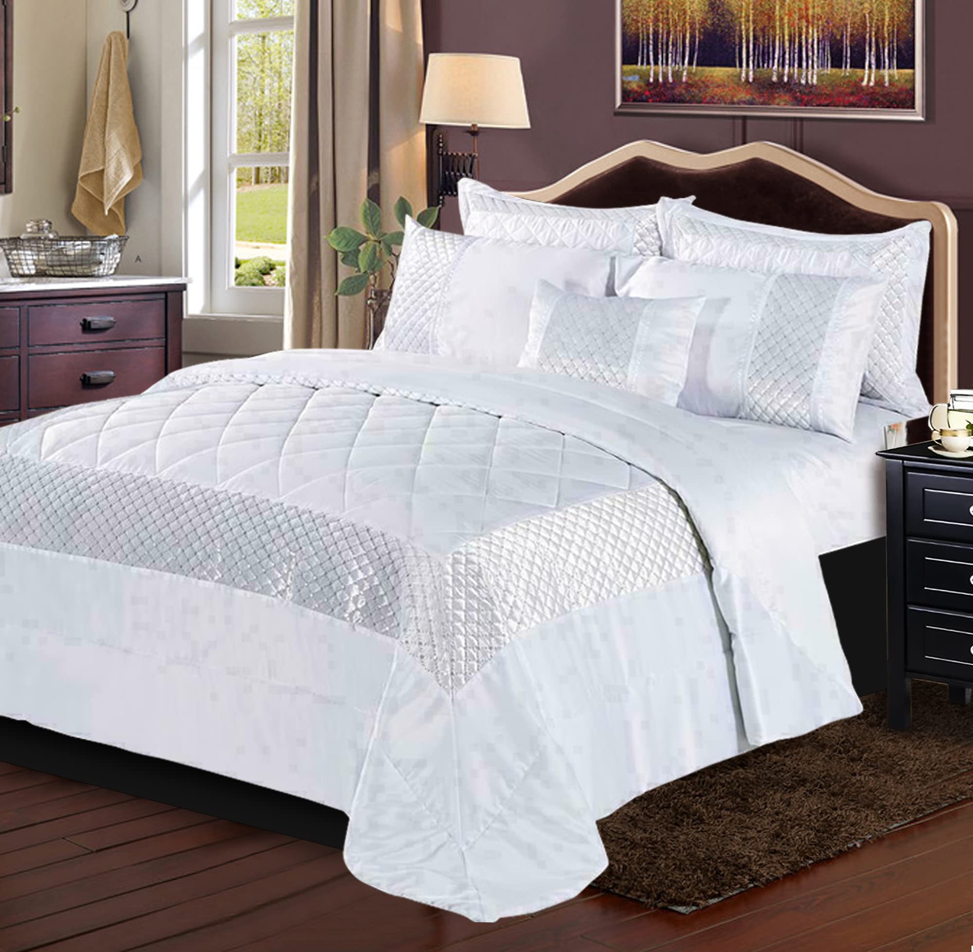 Best Linen Atlanta Quilted Bedspread Anti-allergy Comforter Bed Throw with 2 Pillow Shams 3 Piece Coverlet Bedding Set (White, Super King)