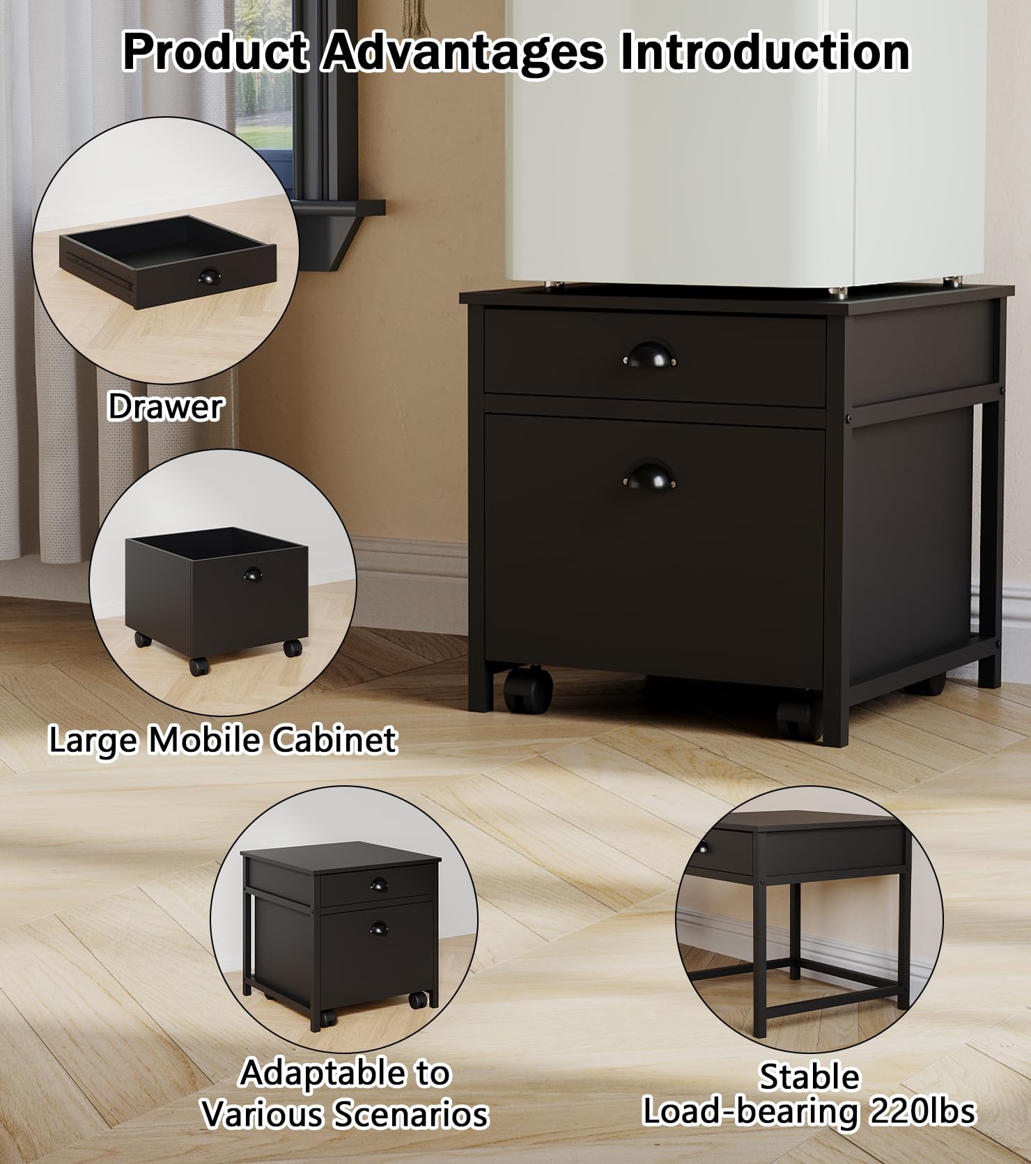 Mini mesa de refrigerador con cajones y gabinete movible, mini soporte para nevera con almacenamiento, mesa resistente de 220 libras de capacidad para dormitorio, apartamento, oficina,