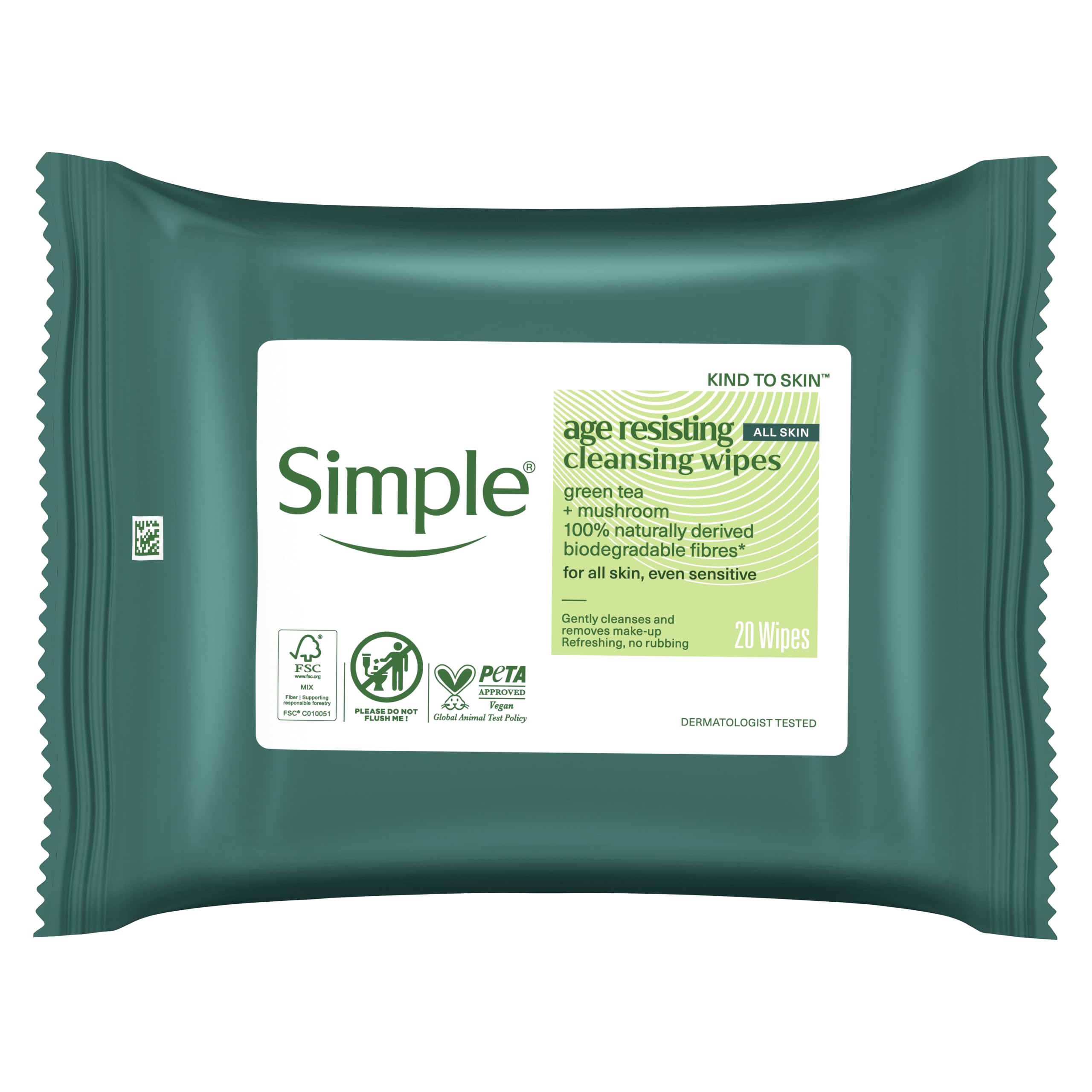 Simple Age Resisting Hypoallergenic Biodegradable Wipes for Sensitive Skin 20 wipes