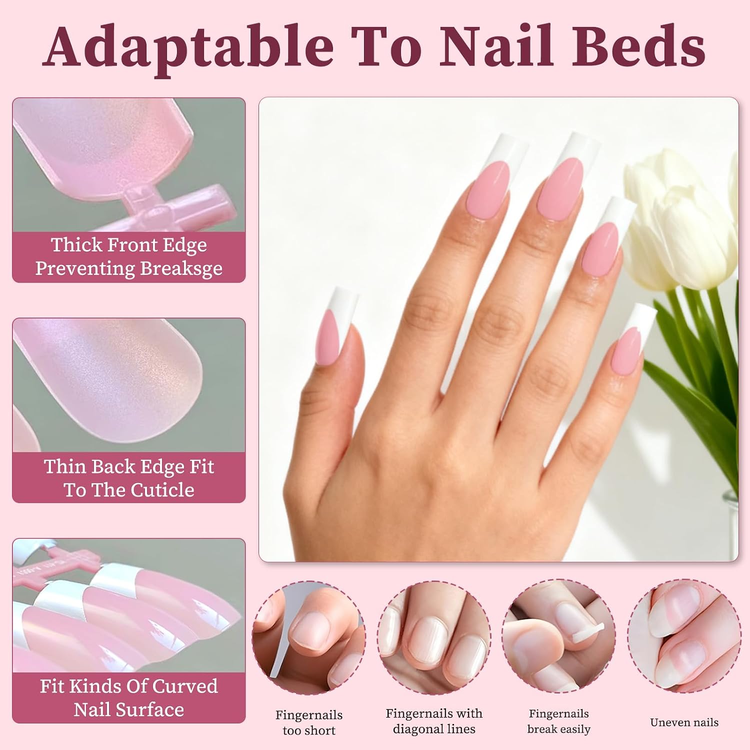 240PC White French Tip Press on Nails Medium Fake Nails Press ons with 5*Adhesive Tabs, Pink Square Acrylic Nail Press on Nail French Tip Nails False Artificial Fingernails Stick on Nails-G