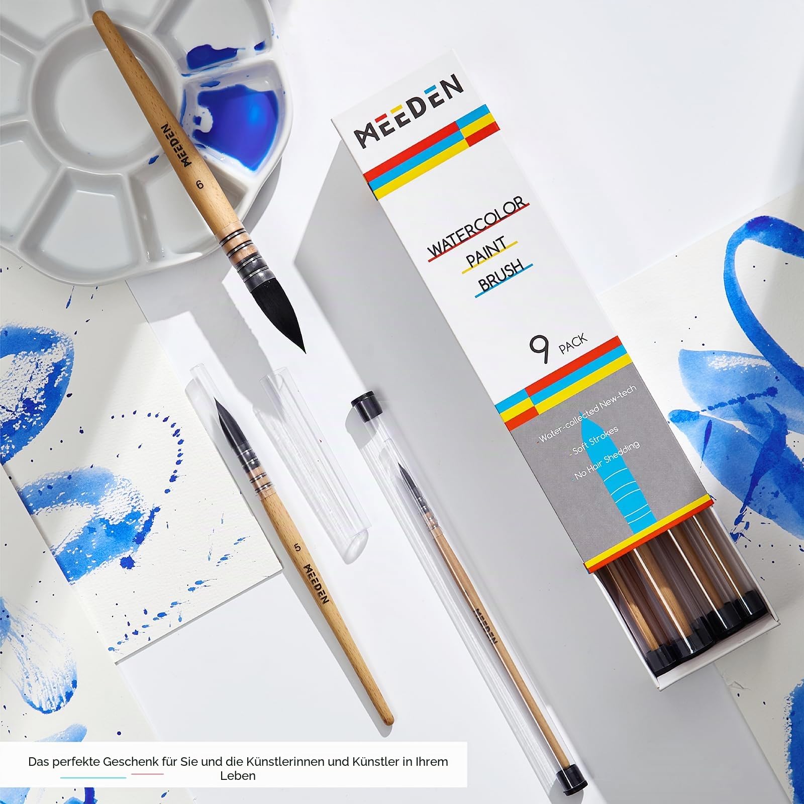 MEEDEN Aquarellpinsel Set 9 Stück Synthetisches Eichhörnchenhaar Buchenholzgriff