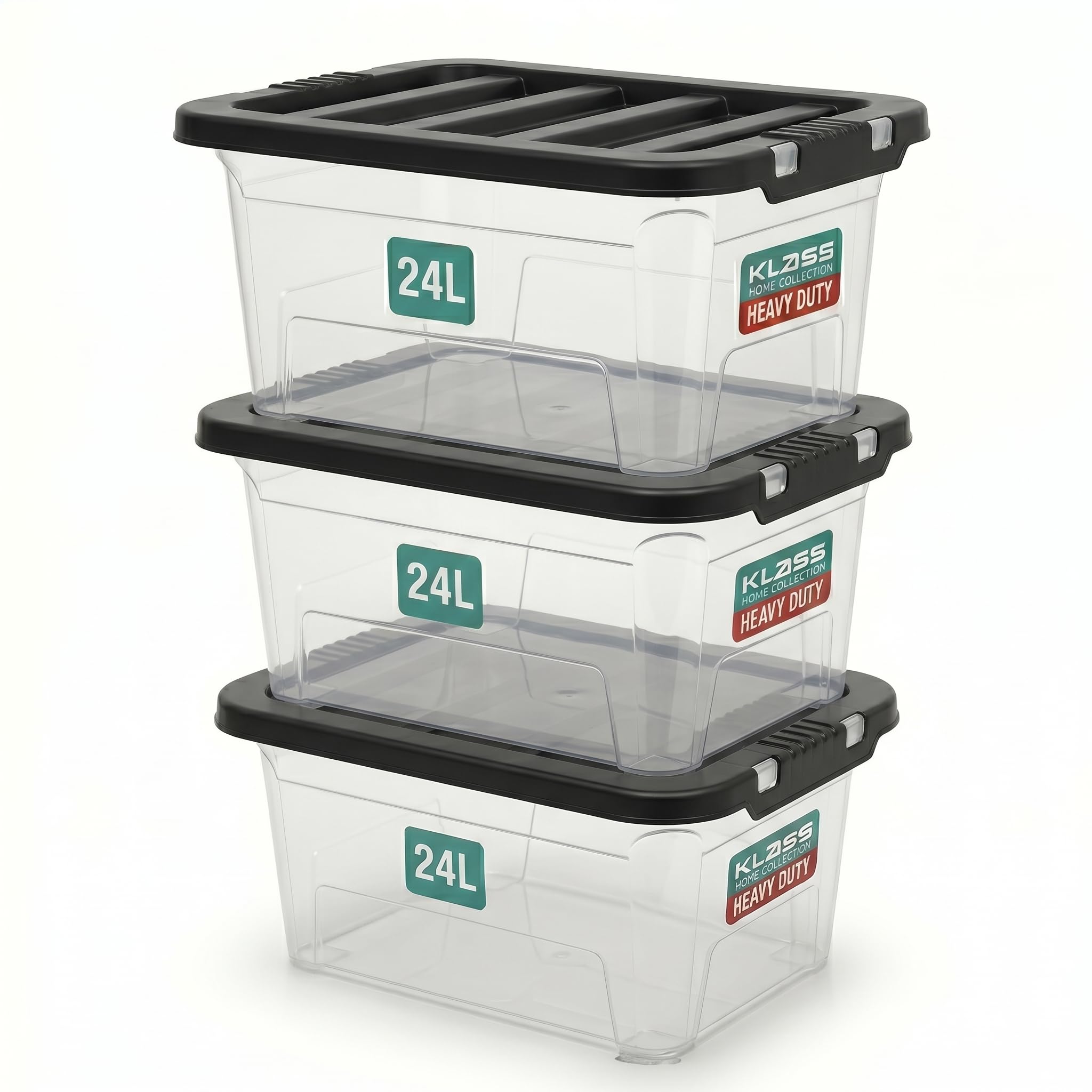 KLASS 3 x 24 Litre Storage Boxes with Lids Set of 3, Clear Multipurpose Nestable Stackable Plastic Storage Box With Lid 24L Clear Containers For Home, Kitchen, Garage, Office, Accessories