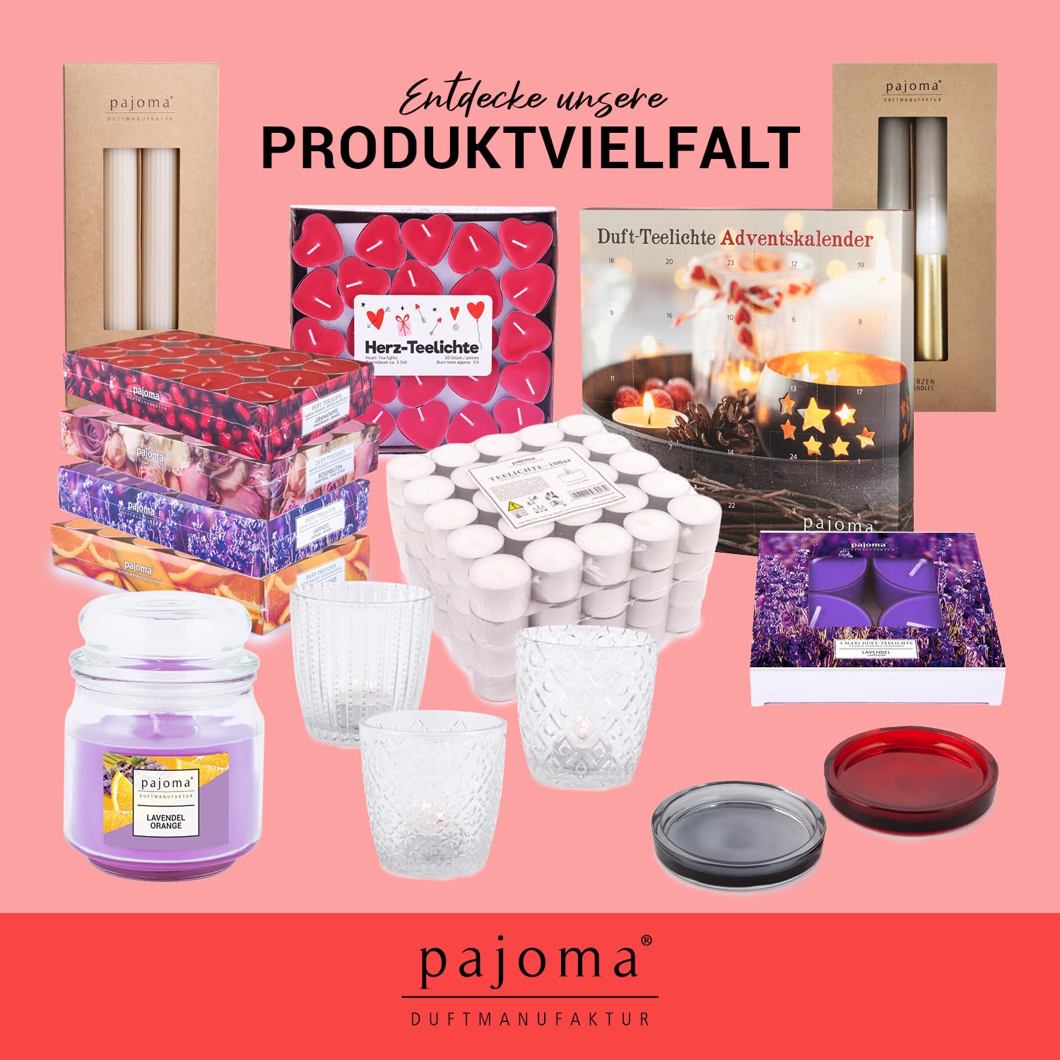 pajoma® Świece prętowe czerwone – 300 sztuk | wysokość 25 cm, Ø 2 cm | czas palenia ok. 7 godz. | wszechstronne jako świece stołowe, dekoracyjne, bożonarodzeniowe i na imprezy gastronomiczne