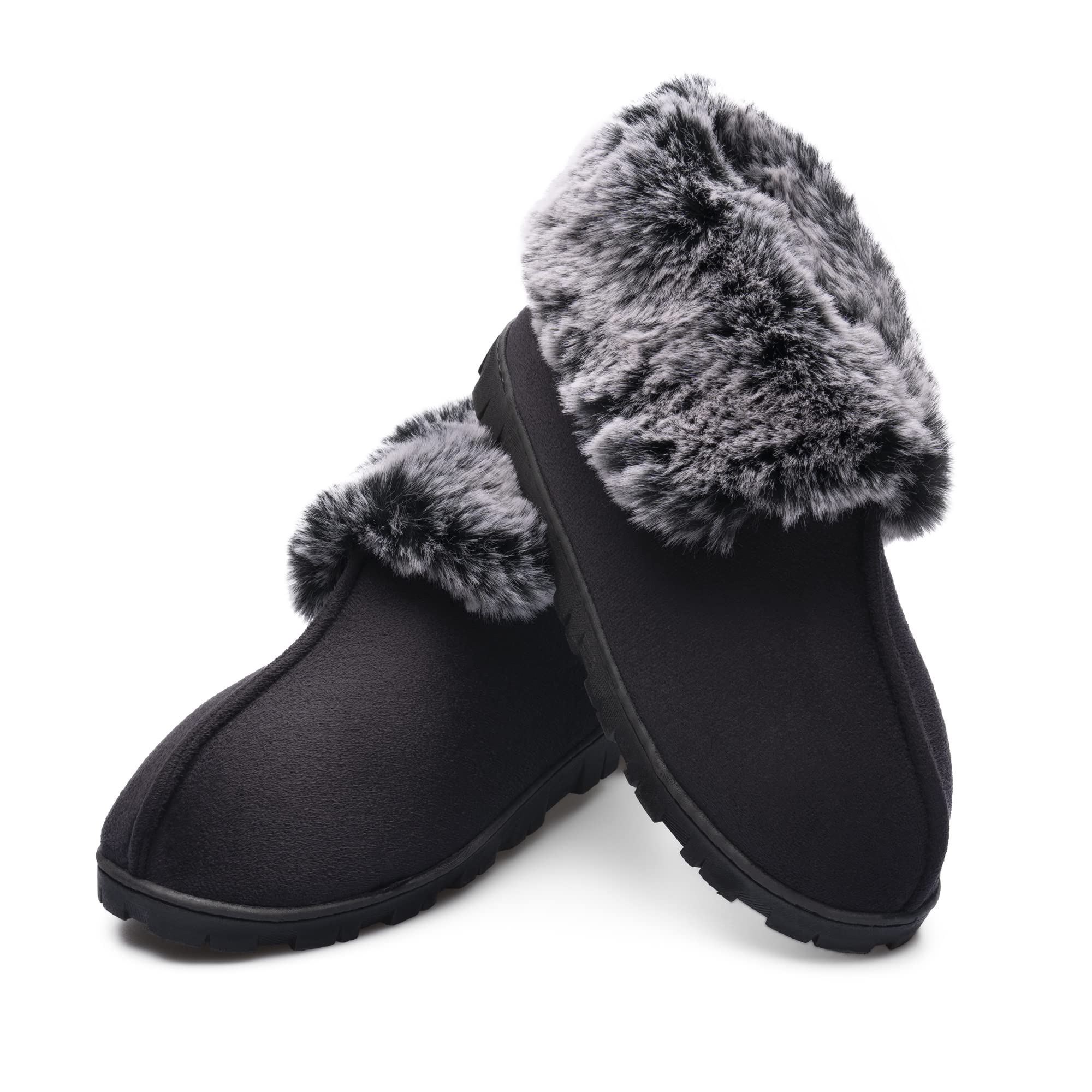 Happy TouchWomen's Luxury Micro Suede Faux Fur Fleece Lining Slippers Bootie with Cozy High Density 80-D Memory Foam, Winter Warm Breathable Boot Slipper with Anti-Slip Indoor Outdoor Rubber Sole House Shoes