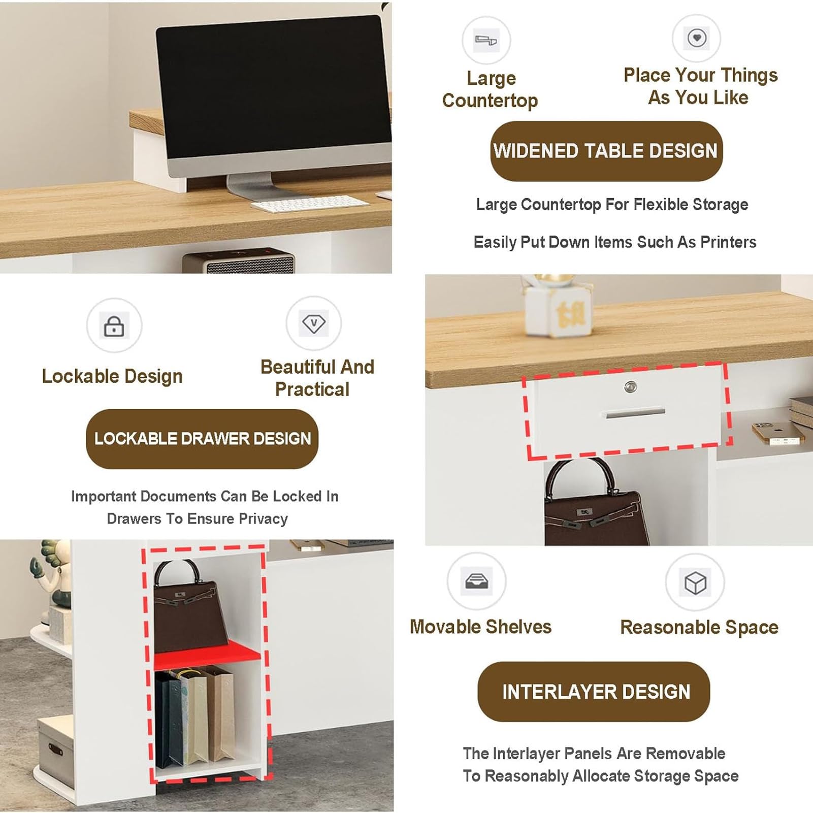 Escritorio moderno con cajas Der and Sto, mesa de caja registradora para oficina, salón, negocios o cafetería, altura izquierda 120 cm, amplio espacio