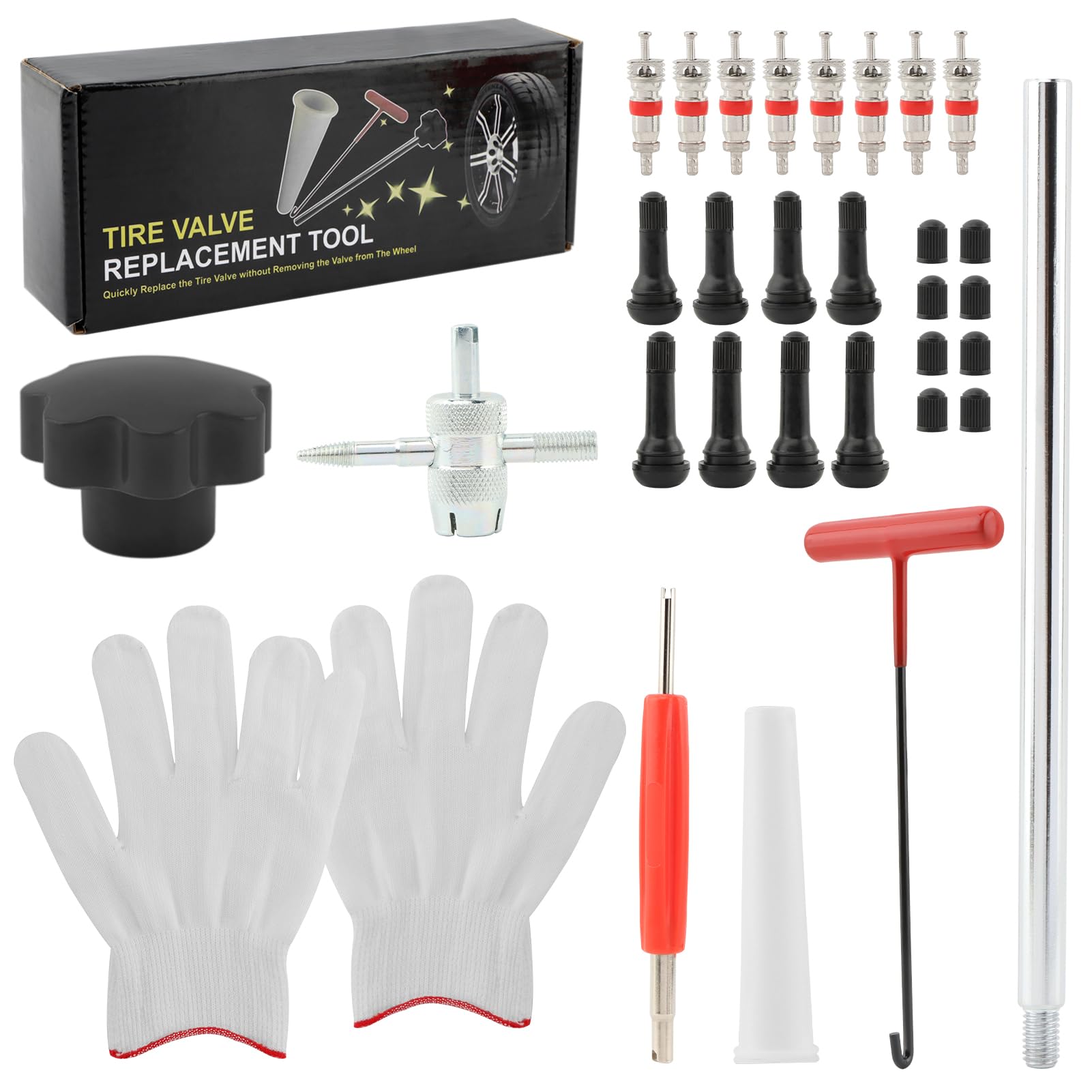 32Pcs Tire Valve Stem Core Replacement Tool Kit - TR413/TR414 Valve Core Remover & Installer Set with T-Hook, Push Rod, Conduit Tube & 8 Va-lve Cores for Cars, Trucks