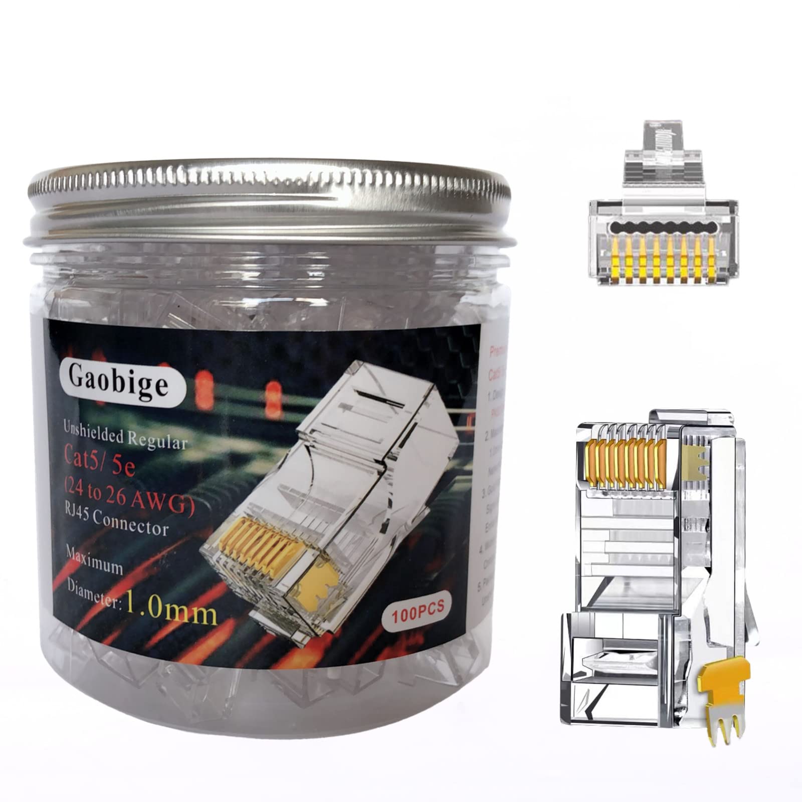 Gaobige RJ45 Connectors, RJ45 Ends, 100-PACK Cat5 Cat5e RJ45 Connectors for Solid Wire and Standard Cable (Not Pass Through RJ45 Connectors)