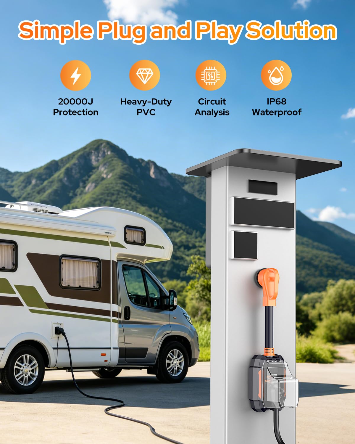 Protector de sobretensiones de 50 amperios con analizador de circuito, actualización 2026, defensa contra sobretensiones de alta capacidad, carcasa impermeable, protección de energía esencial para