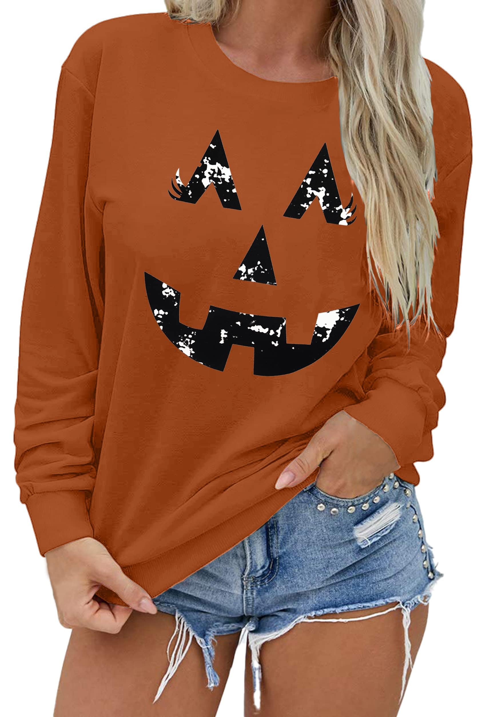 Sudadera De Halloween Para Mujer Con Estampado De Calabaza Sonriente - Manga Larga, Tejido Suave, Ideal Para Fiestas Y Diario