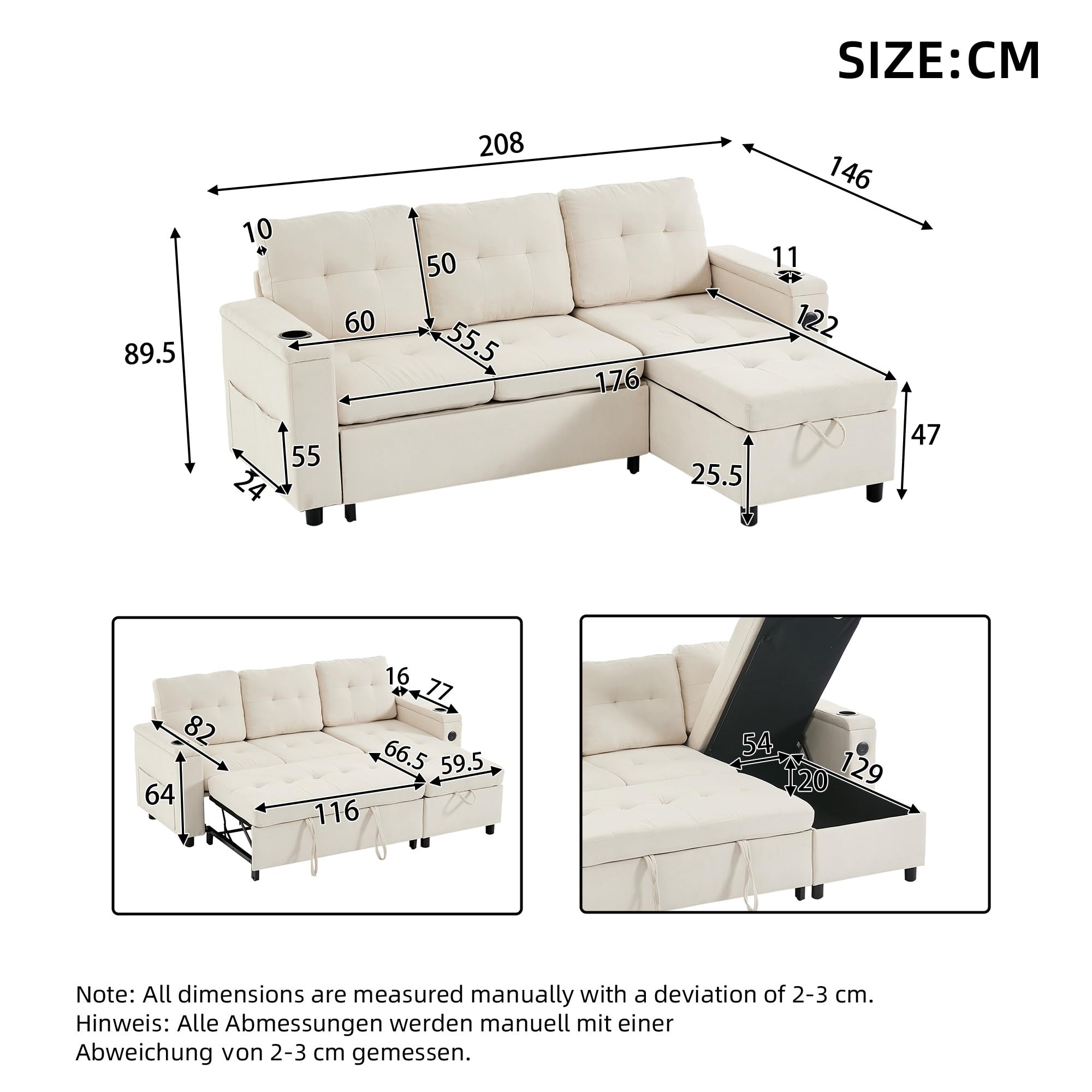 Merax Ecksofa mit Schlaffunktion & Bettkasten, L-Form Polstersofas mit LED, 3-Sitzer Ausziehbares Schlafsofa, Klappsofa mit Ladefunktion & Getränkehaltern, Polstermöbel für Wohnzimmer, Wohnung, Beige