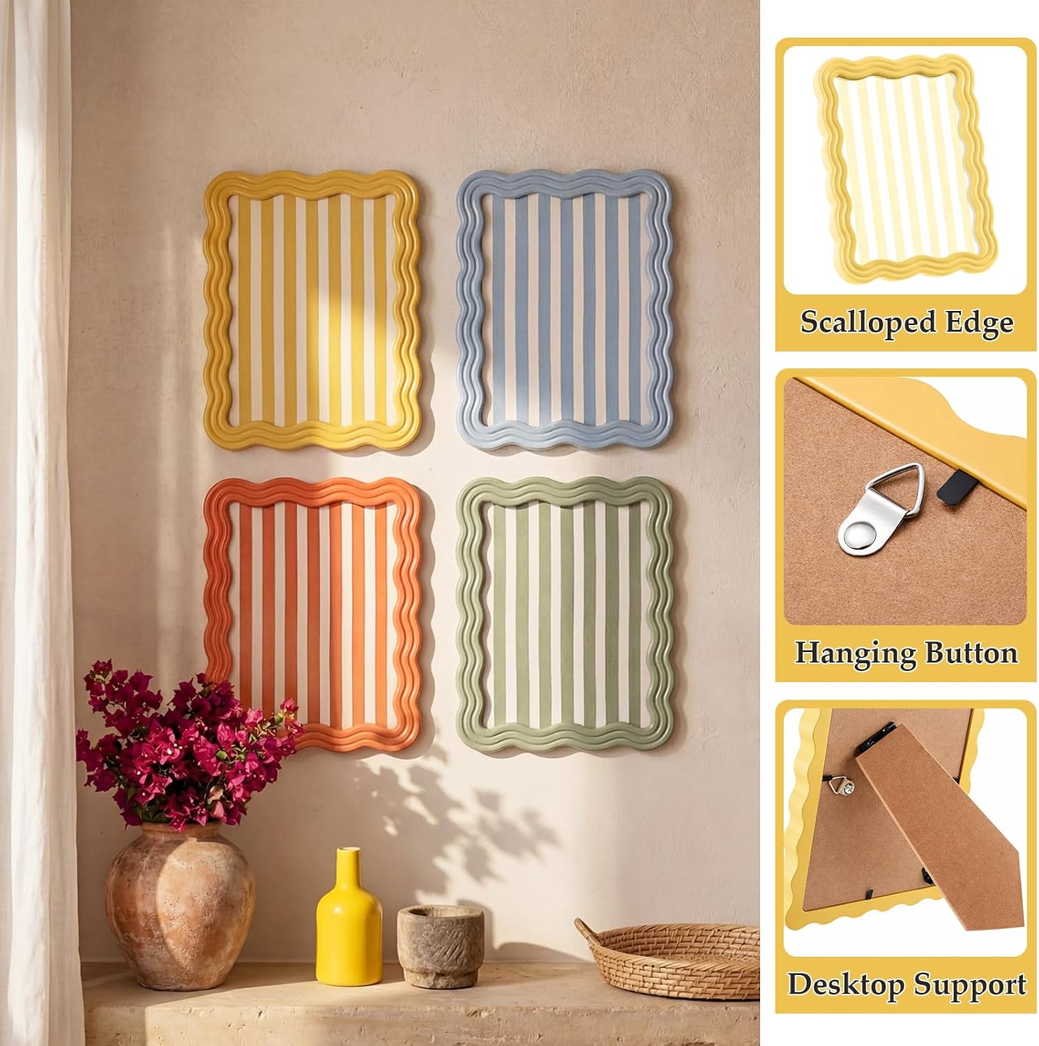 Novabright 4 Set 5 x 7 Colorful Scalloped Picture Frame Maximalist Decorative Picture Frames with Glass Front Wavy Trim Art Table Wall Hanging Whimsical Home Decor Gift (Light Morandi)