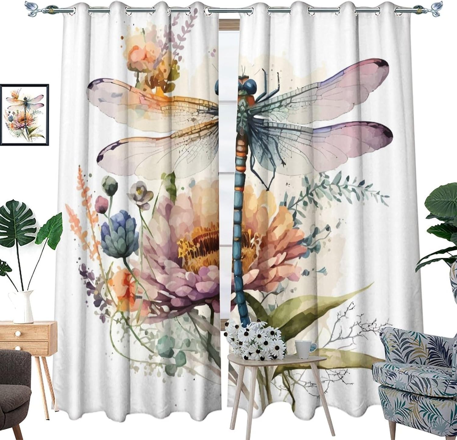 Watercolor Wildlife Dragonfly Blackout Curtains for Bedroom,Farmhouse Spring Garden Theme Dragonfly Floral Grommet Thermal Insulated Room Darkening Curtains 63L x 21W,2 Panels