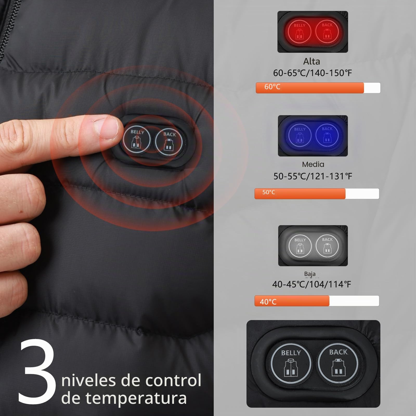 Chaqueta Calefactable Hombre con Batería 10000mAh, Chaquetas con Calefaccion con 5 Zonas, 3 Temperaturas, Control Doble, Ideal para Senderismo, Esquí y Acampar