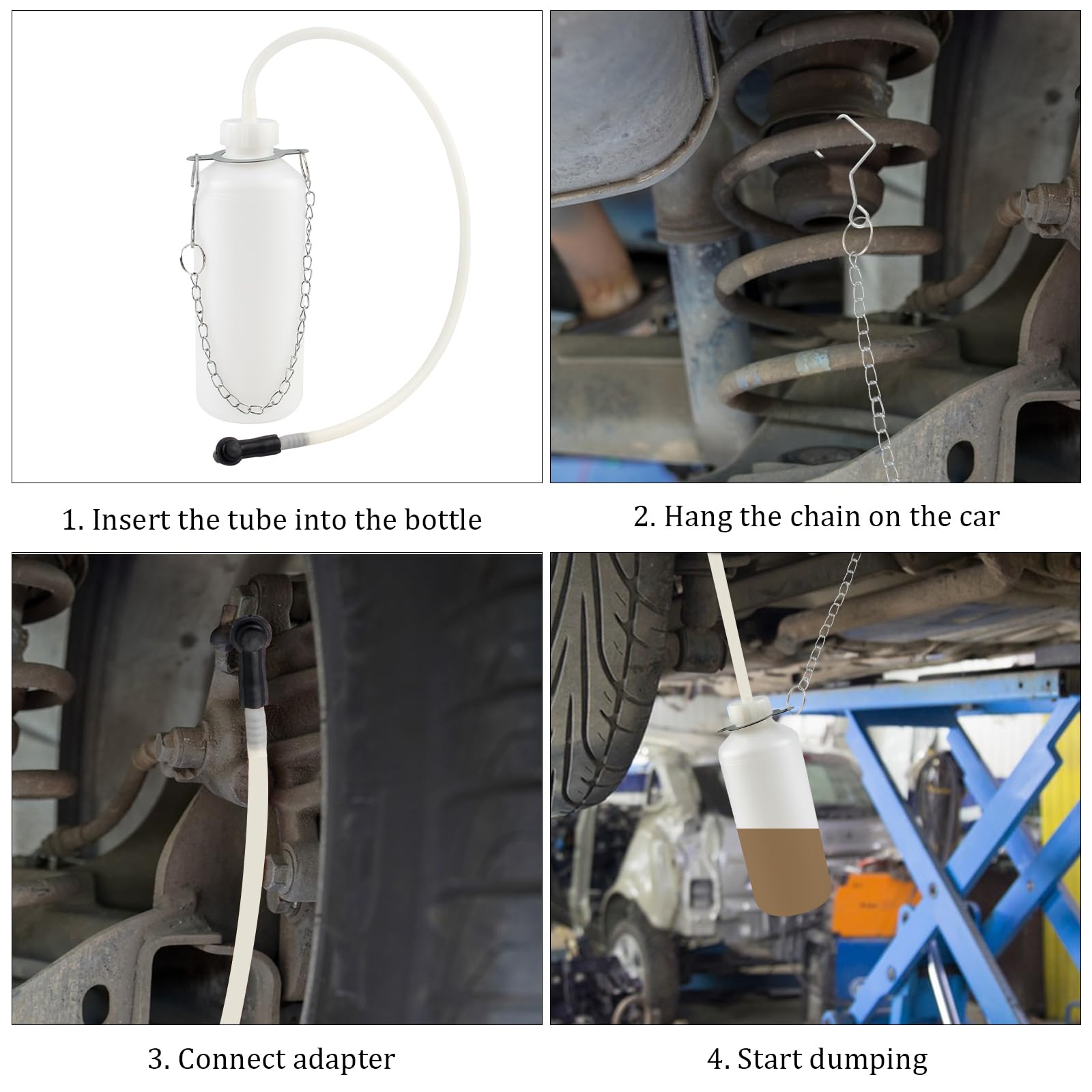 Spurgo per freni, 1 l, dispositivo di sfiato dei freni, con tubo da 60 cm e adattatore universale in gomma, per riparazione auto