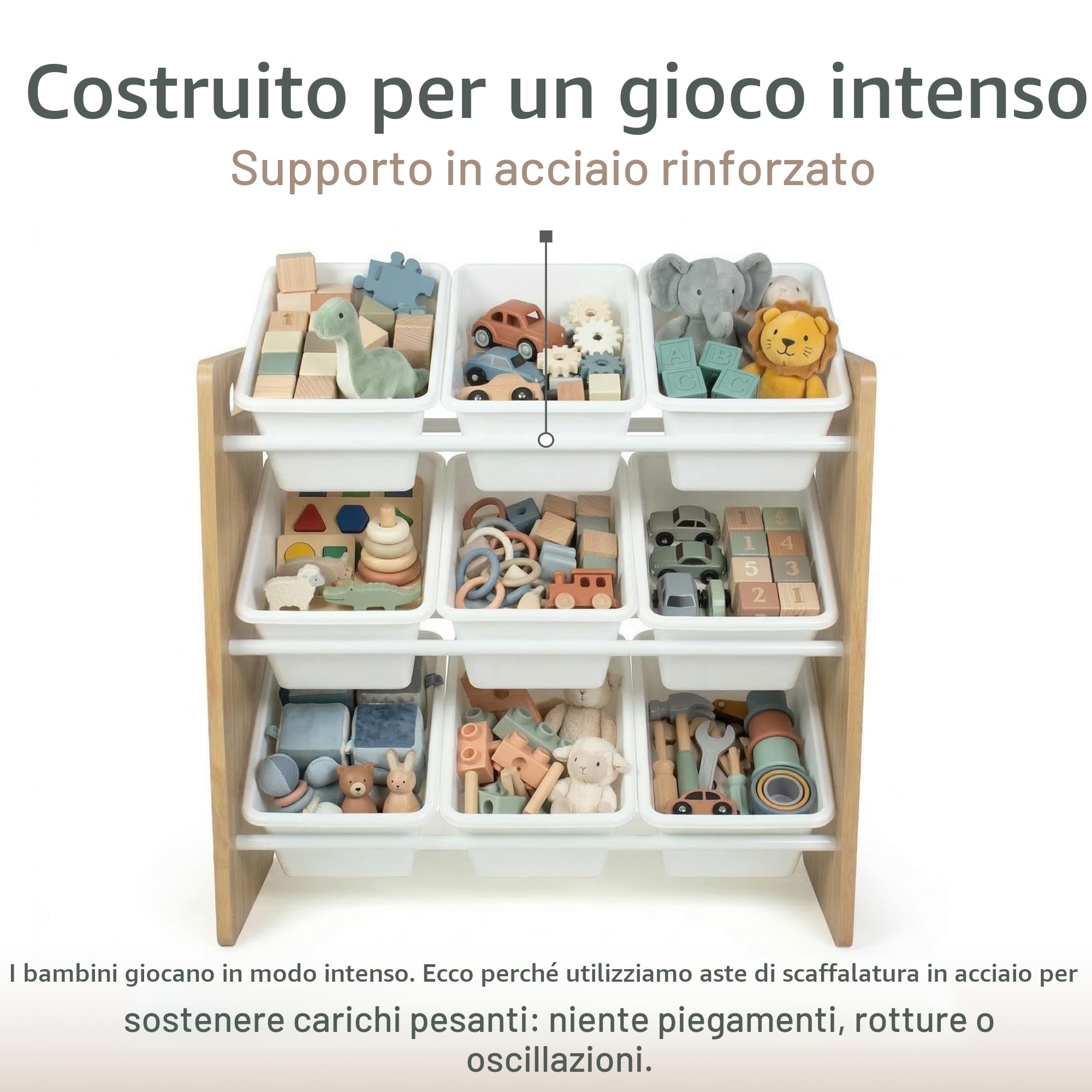 HumbleCrew Scaffale Bambini Ecologico: Organizer Giocattoli con 9 Contenitori, Design Naturale/Bianco, Perfetto per Camerette Moderne e Ordinate