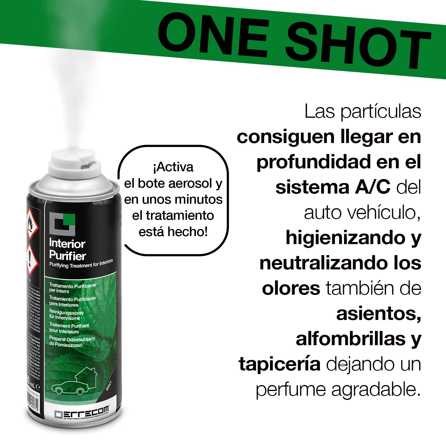 Errecom Interior Purifier, Spray Higienizante A/C y Habitáculo del Auto | Neutraliza Olores Persistentes y Contaminantes | Acción Rápida One-Shot | Aire Limpio de Larga Duración | 200 ml Menta