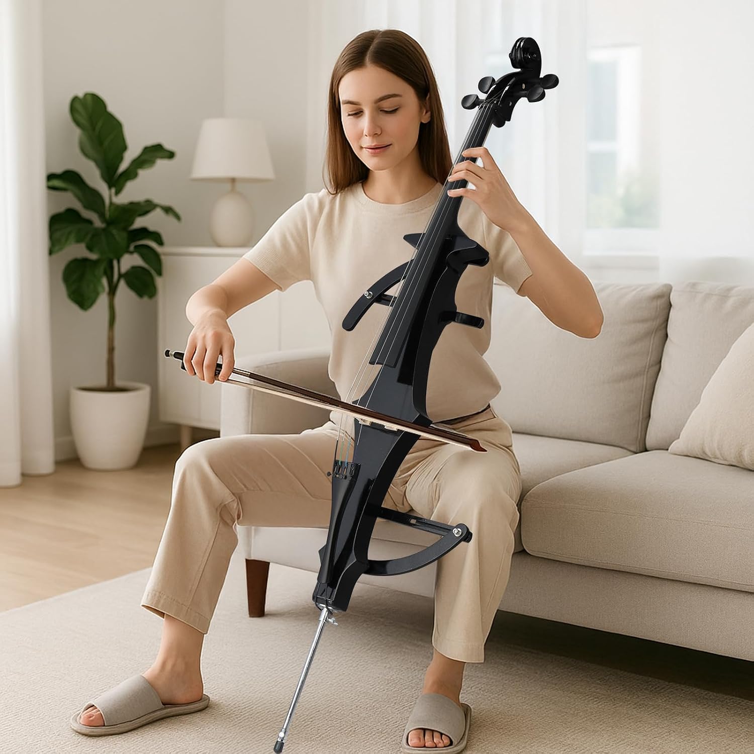 Full Size Electric Cello Kit for Adults,Beginners,Complete 4/4 Cello Set with Portable Bag, Bow, Rosin, Earphone and Connecting Line, Z-shaped, Black