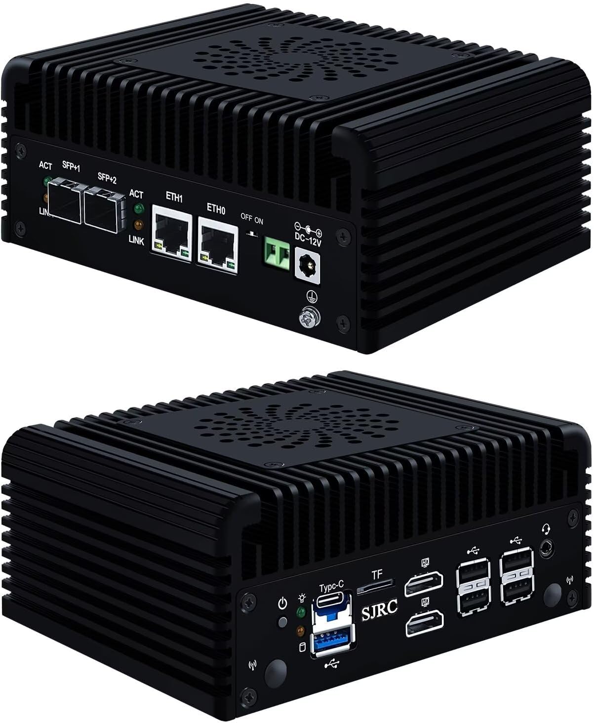 SJRC Micro Firewall Applicance Dual 10Gbe Mini PC 12th Gen Octa Core i3 N305, 2X i226V 2.5GbE LAN, 2xSFP+ 10Gbps, Support OPNsense, TF Slot, 2xHD, Type-C, Barebone NO RAM M.2 NVMe NO SSD