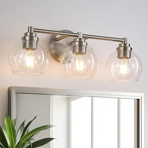 Miniatura 1 de Lámparas de baño de 3 luces, moderna lámpara de tocador con pantalla de cristal de globo, luces de baño de níquel cepillado sobre espejo, luces de