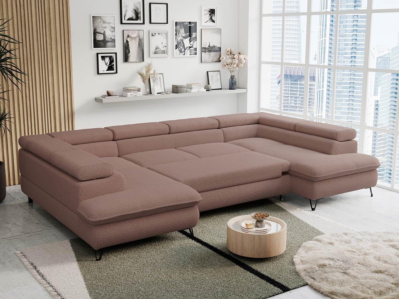 MKS MEBLE Sofa U-Shape Pink, Living Landscape U-Shape, Sofa with Sleep Function and Bed Box, Sofa Bed with Bed Box, Couch with Adjustable Headrests - Peter U - Rosa Boucle boucle Rosa Boucle - Now Or Never 64