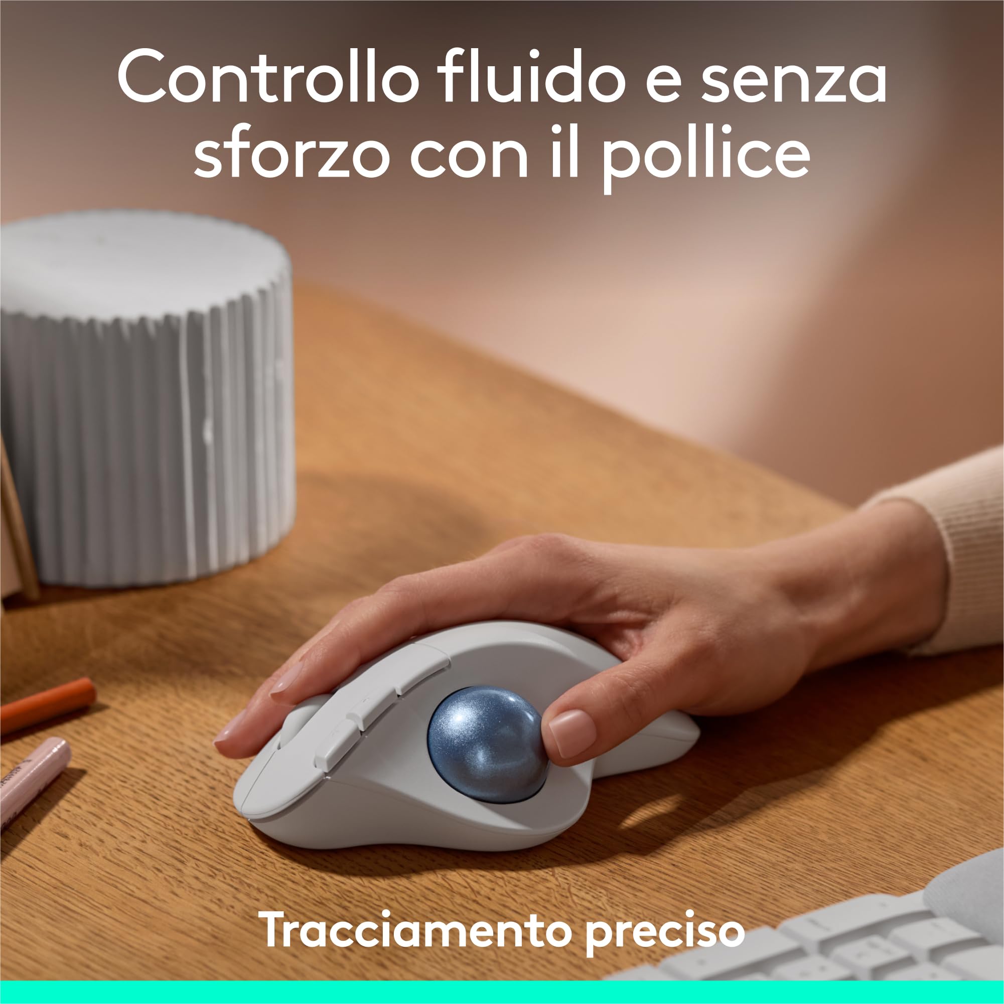 Logitech ERGO M575S mouse trackball wireless, mouse ergonomico wireless con Bluetooth e dongle crittografato, controllo comodo con il pollice, tracciamento preciso e fluido, per PC/Mac - Bianco