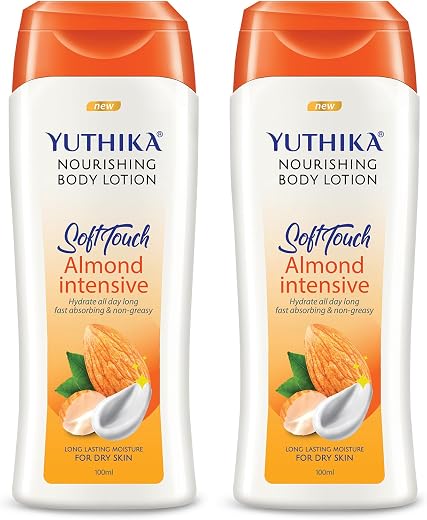 Yuthika Almond Nourish Body Lotion 100ml (Pack of 2) | Hydrating Moisturizer for Dry Skin | Non-Sticky &amp; Non-Irritating Fo...