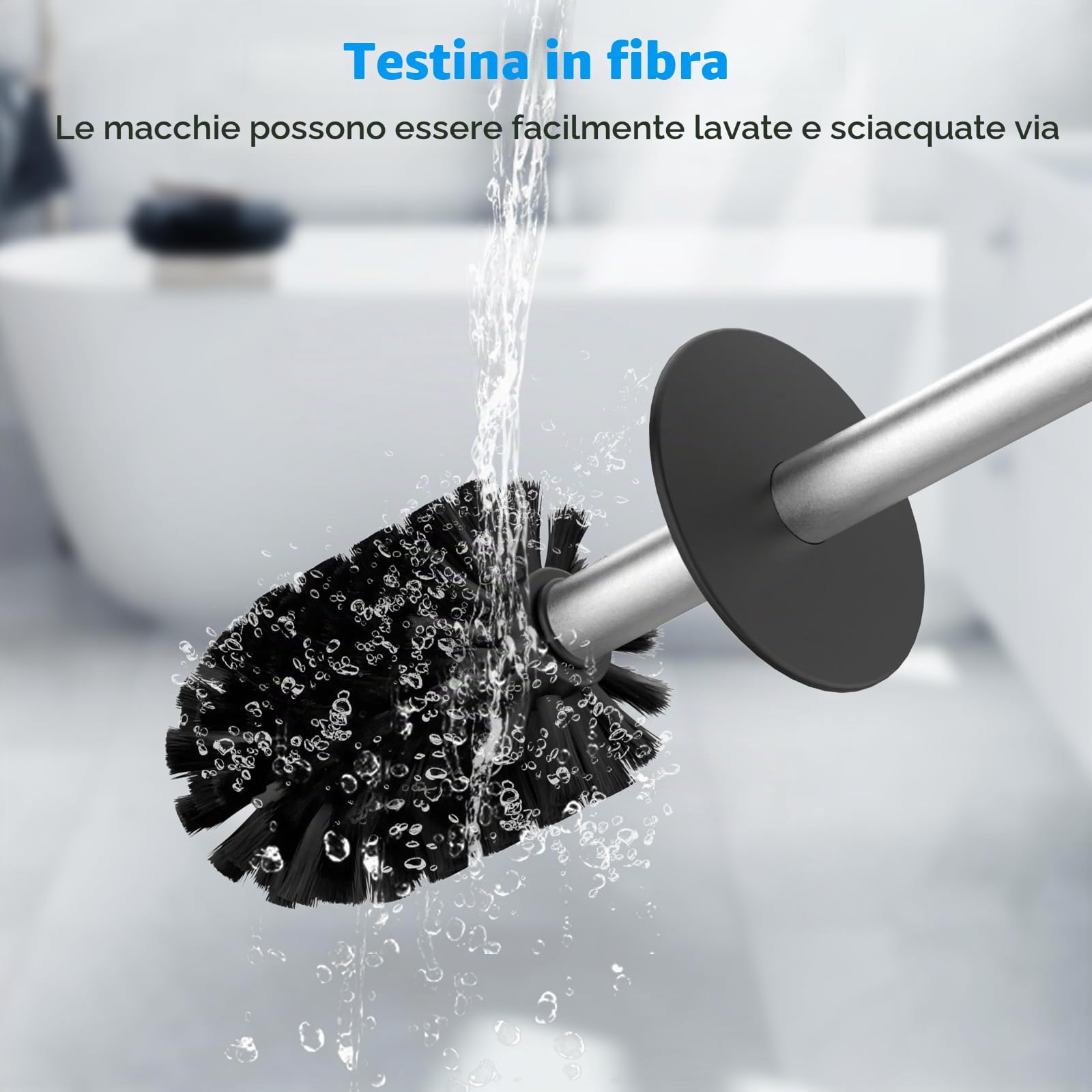Spazzola per WC in acciaio inox 304, set per WC con montaggio a parete e porta scopino – Include 2 testine (Round Silver)