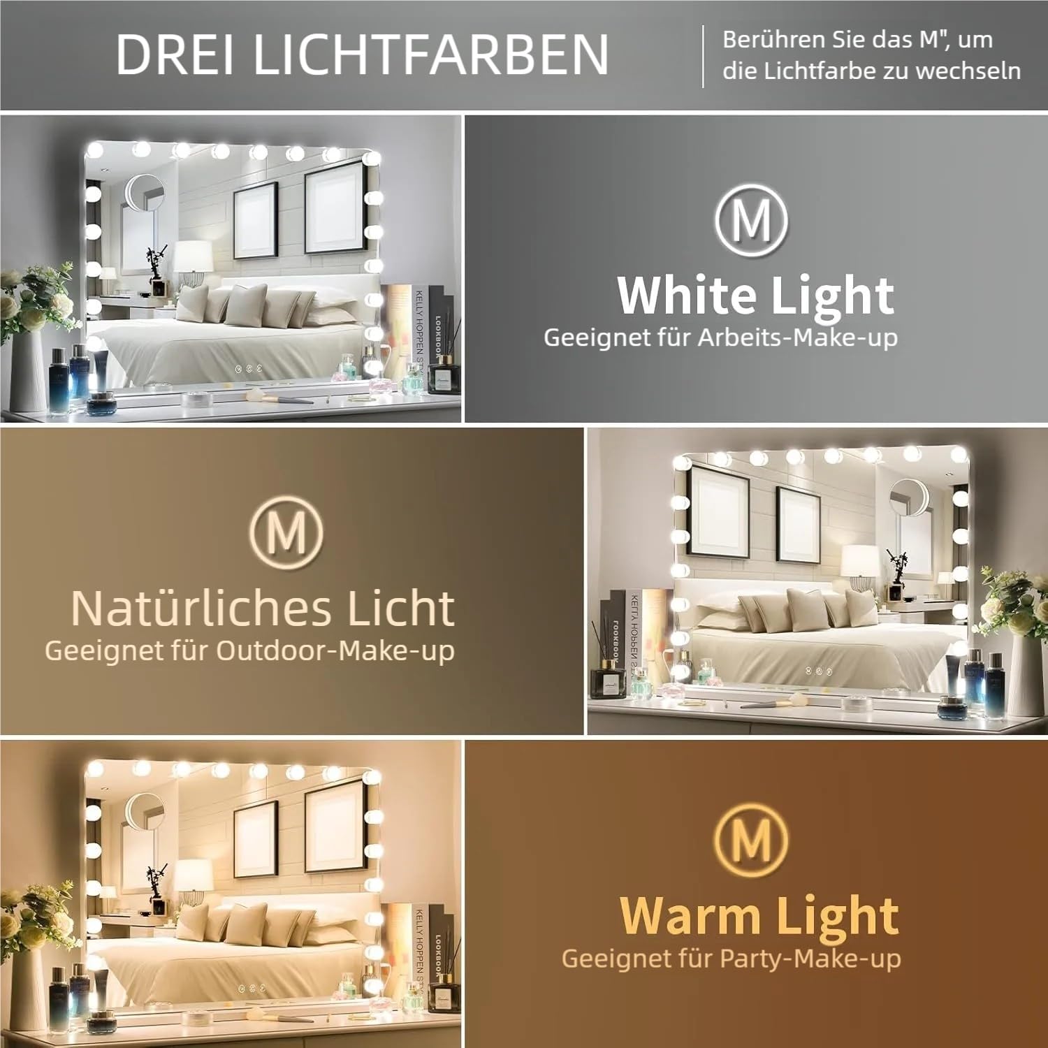 Clevich Hollywood Schminkspiegel mit Beleuchtung, 80 x 60cm, 15 LED & 3 Farbtemperatur Dimmbar, Kosmetikspiegel mit USB-, 10-facher Lupe, für Schminktisch, Weiß [Energieklasse F]