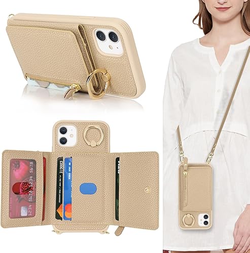 Funda para iPhone 11 con tarjetero para iPhone 11, funda tipo cartera para mujer con correa cruzada y cordón, funda de piel sintética con bolsillo