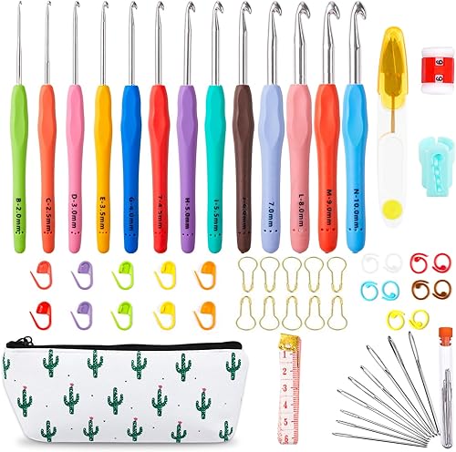 Juego de 67 ganchos de ganchillo, 13 piezas de 0.079 pulgadas (B)-0.394 pulgadas (N) ergonómicas de agarre suave, kit de agujas de tejer de hilo con