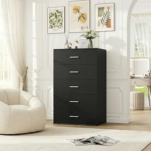 Vista 7 de TTVIEW Cómoda alta negra, cómoda de 5 cajones con gran capacidad, cómoda alta con asas de metal, cómoda de madera para pasillo y sala de estar
