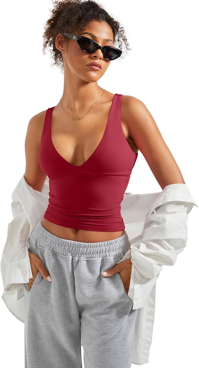 SUUKSESS Women Sexy V Neck V Back Tank Top Summer Sleeveless Going Out Double Lined Basic Tops - Image 4
