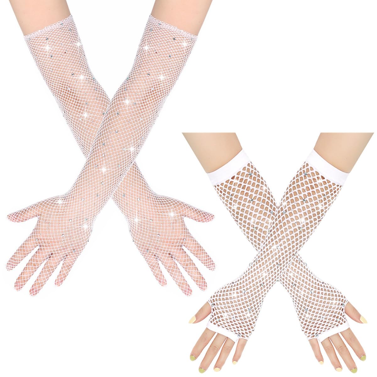 TouKingda Women's Sparkly Mesh Fingerless & Long Fish Net Gloves, 2 works, White, One Size, Rhinestone Embellished