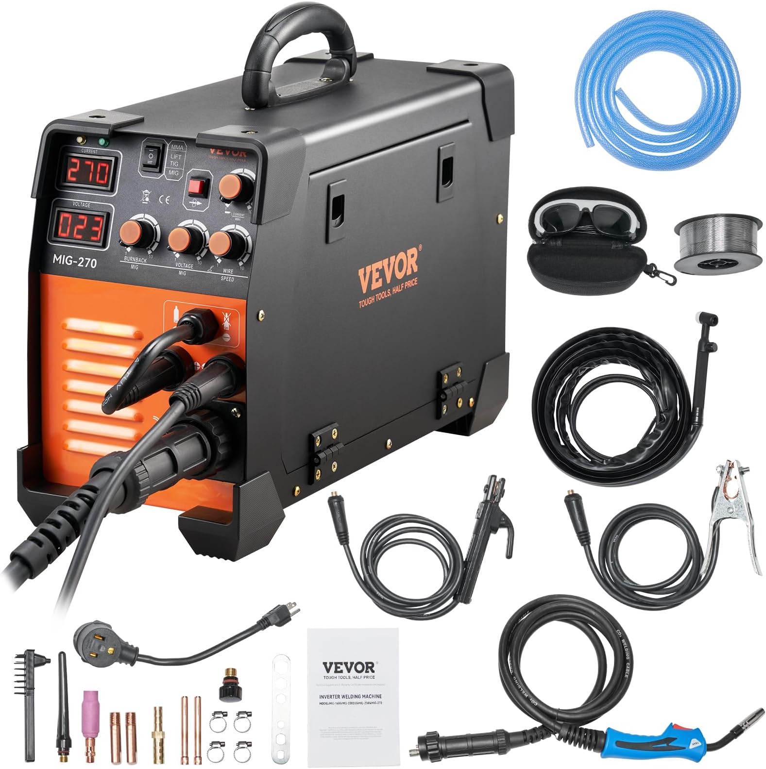 VEVOR MIG Welder, 3 in 1 270 Amp Welding Machine, 110 220V MIG TIG Arc Welder, Portable TIG Welder Lift ARC Welder with IGBT DC Inverter, LCD Digital Display, Welder Torch and Welding Wire