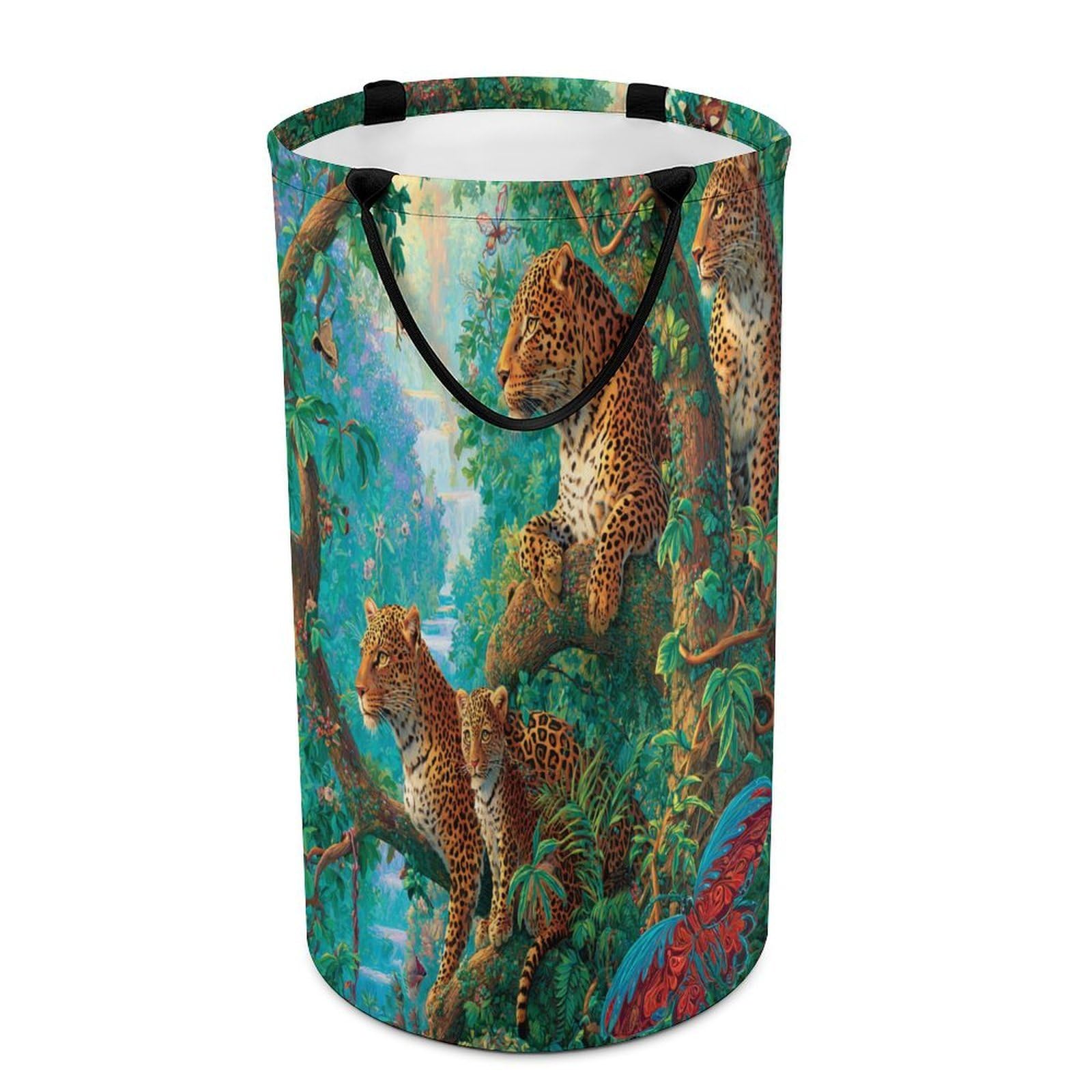 LUYYSKY Beautiful Rustic Leopard Collapsible Dirty Clothes Basket, Colorful Vintage Plants Tree Animal Cheetah Butterflies Portable Clothes Storage Basket