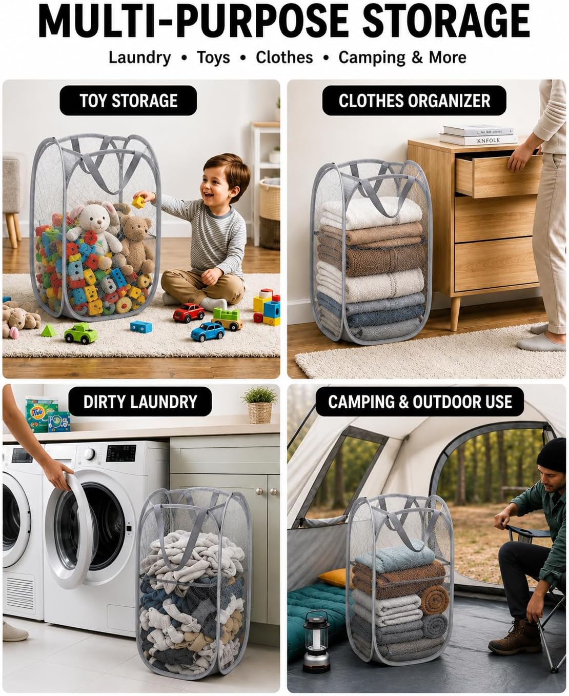 2 Pack Pop Up Laundry Hamper, Mesh Foldable Laundry Basket with Side Pocket & Durable Handles, Collapsible Clothes Hamper for Bathroom, College Dorm, Bedroom & Travel (Taller-Gray)