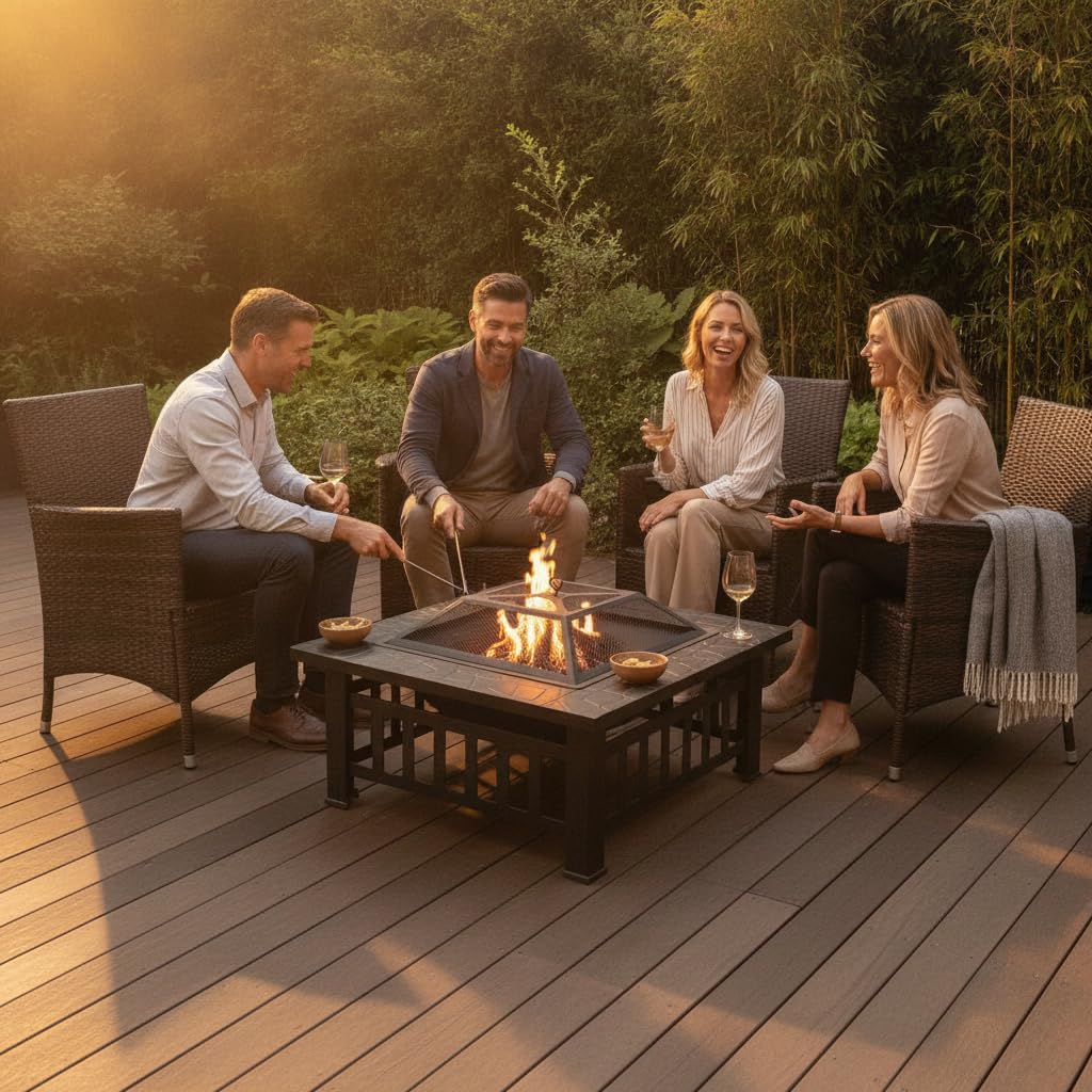 Brasero Exterior Cuadrado, Hierro Negro Resistente a la Oxidación, 81 cm para Jardín y Patio, Estándar con Cubierta Antipolvo