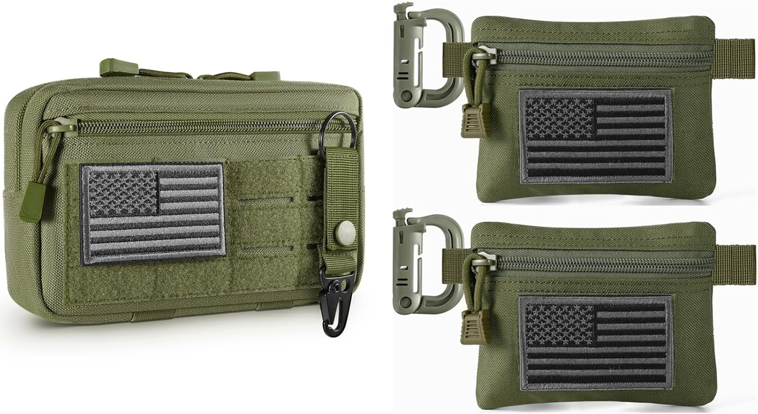 FRTKK Tactical Molle Admin Pouch with USA Flag Patch and Keychain & 2 Pack Tactical Molle Pouches with 2 x USA Flag Patches and 2 x D-Ring Clips