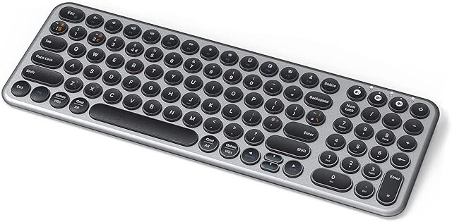 Portable Bluetooth Keyboard, Triple Bluetooth Channels(BT1+BT2+BT3) for Multiple Devices, Wireless Slim Metal Rechargeable UK Keyboard for Mac Android Windows Laptop PC Tablet, Black and Gray