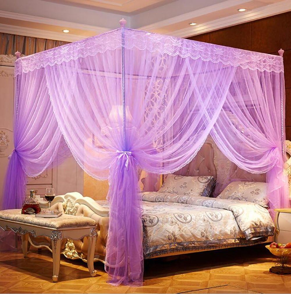 4 Corners Princess Bed Curtain Canopy Canopies for Girls Boys Adults Bed Gift (Queen, Purple)
