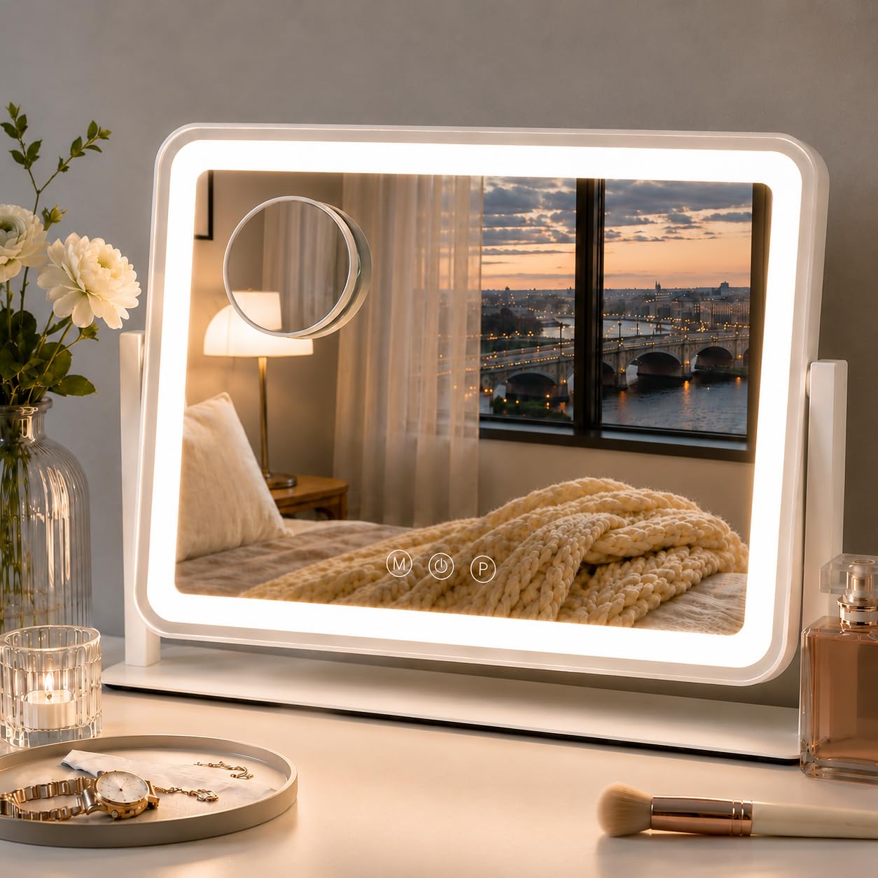 Sucedey Lighted Makeup Mirror with Lights, Vanity Mirror with Lights, Gifts for Women, 3 Color Lighting Modes, Smart Touch Control, 360° Rotation for Bedroom or Tabletop